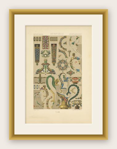 Pl. 62 Antique Print of 16th-17th Century Ornaments by Racinet, 'circa 1890', shown framed