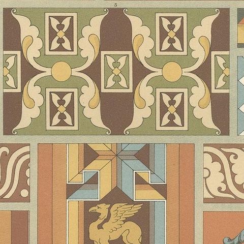 Pl. 49 Antique Print of Middle Ages Mural Motifs Buildings by Racinet circa 1890, close-up 1