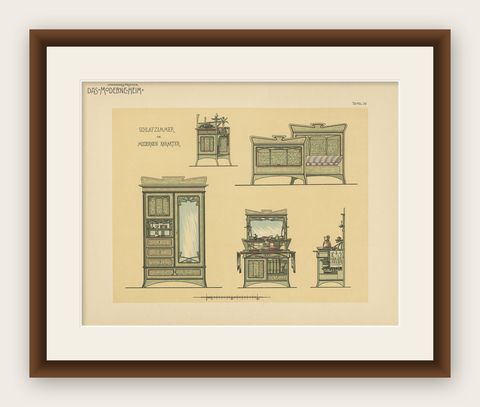 Pl. 30 Antique Print of Bedroom Furniture by Kramer 'circa 1910', shown framed