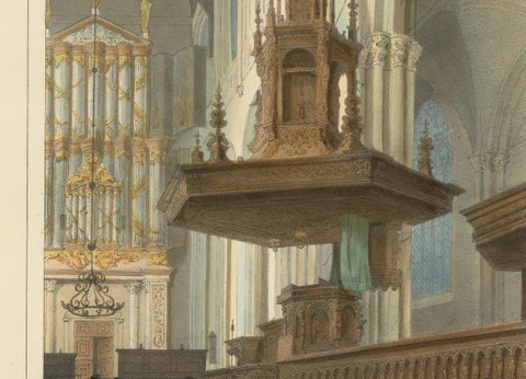Antique View of Nieuwe Kerk Interior, Amsterdam, Hand-Colored Lithograph, c.1850, close-up 3
