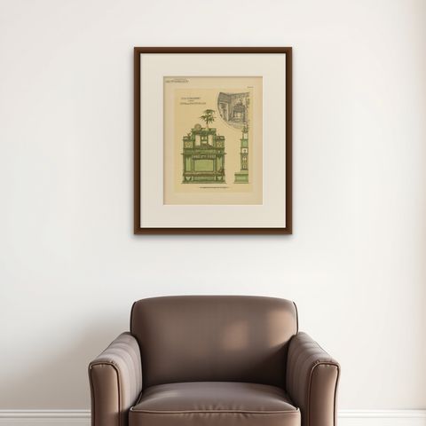 Pl 56 Antique Print of a Sofa and Furniture by Kramer, 'circa 1910', shown framed on a wall, true to size