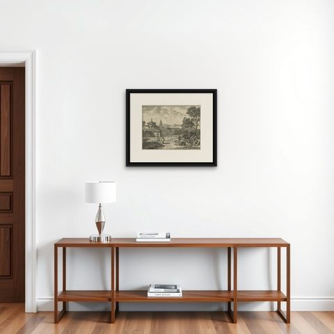 Antique Print of the Great Temple in Osaka, Japan, shown framed on a wall, true to size