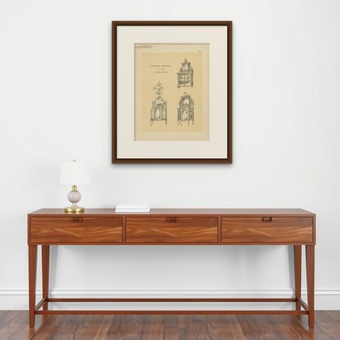 Pl 64 Antique Print of Decorative Cabinets by Kramer, 'circa 1910', shown framed on a wall, true to size