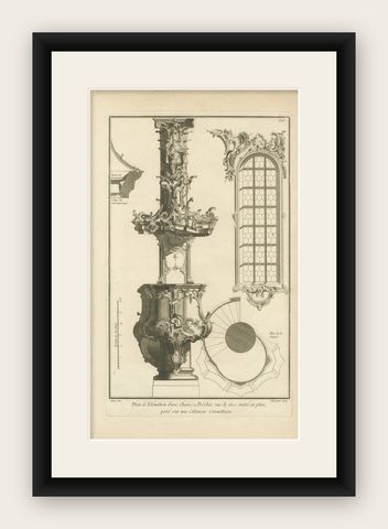 Old Baroque Pulpit Design with Corinthian Column and Staircase Plan, ca.1740, shown framed