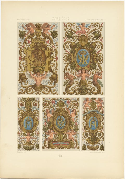Pl. 92 Antique Print of 17th Century Decorative Paintings by Racinet, circa 1890, view 2