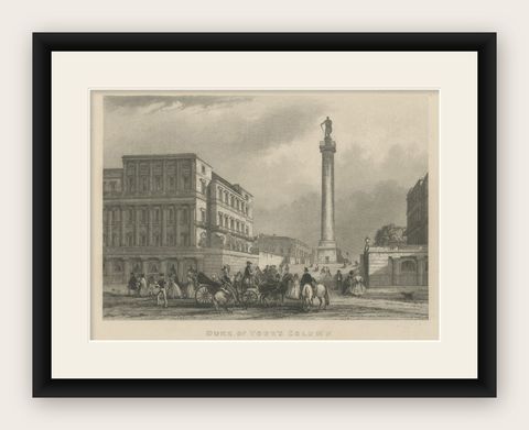 Original Steel Engraved View of the Duke of York Column in London, England, 1840, shown framed