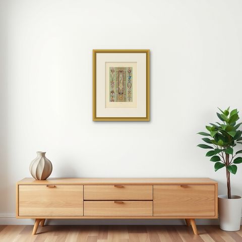 Pl. 97 Antique Print of 18th Century Ornaments by Racinet, 'circa 1890', shown framed on a wall, true to size