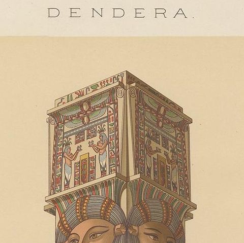 Antique Print of the Hathoric Column of the Portico of the Temple of Dendera, close-up 1