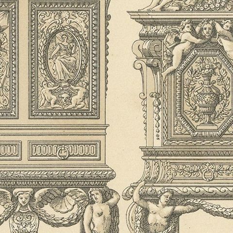 Pl. 93 Antique Print of French 17th Century Furniture by Racinet, circa 1880, close-up 2