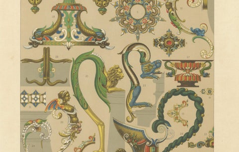 Baroque Ornament Details, 16th & 17th Century Design Elements, Plate LXII, 1869, close-up 2