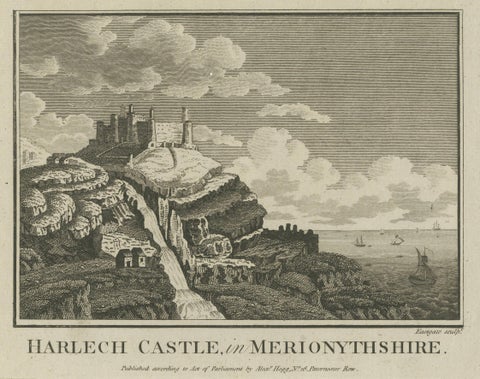 Antique engraving of Harlech Castle, Merionethshire, published by A.Hogg, c.1790, close-up 4