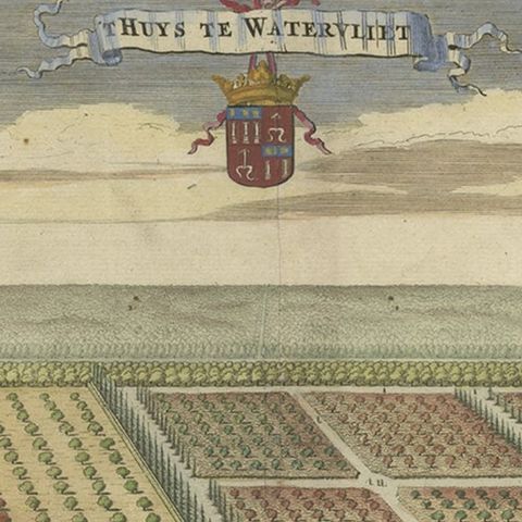 Old Handcolored Print of the Watervliet Estate in East Flanders, Belgium, 1696, close-up 2