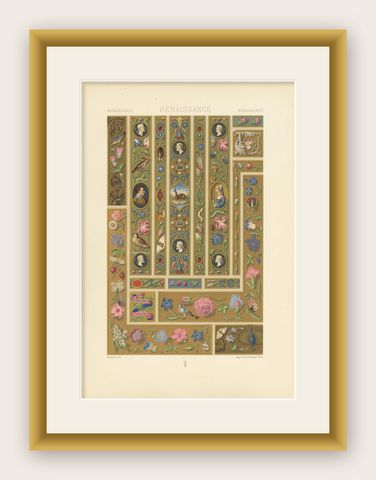 Pl. 78 Antique Print of Renaissance Margin Decorations by Racinet, circa 1890, shown framed