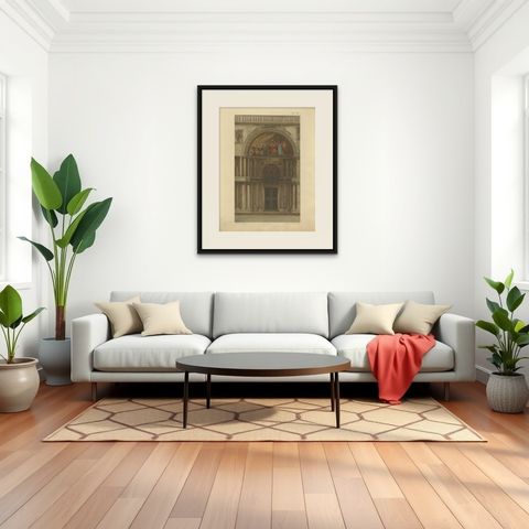Pl. 7 Antique Print of the Portal of San Clemente of the Basilica of San Marco, shown framed in a room, true to size