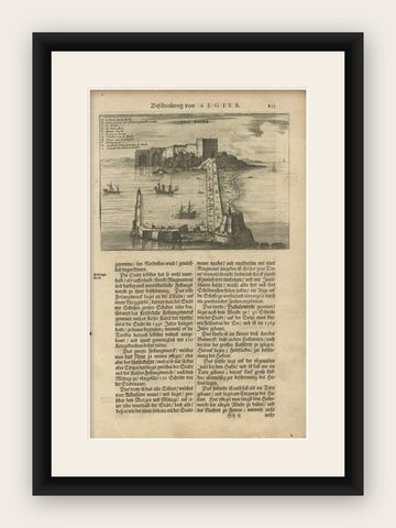 Antique Print of the Gates and Castle of Algiers by Dapper, 1670, shown framed