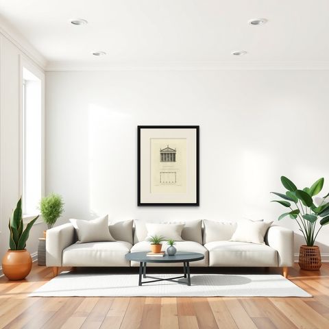 Antique Print of a Design for The Great Temple in Eastbury Park, England, 1725, shown framed in a room, true to size