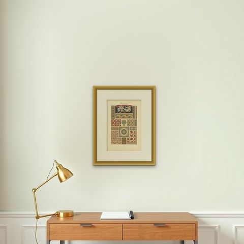 Pl. 46 Antique Print of Mosaic and Painted Ornament by Racinet, circa 1890, shown framed on a wall, true to size