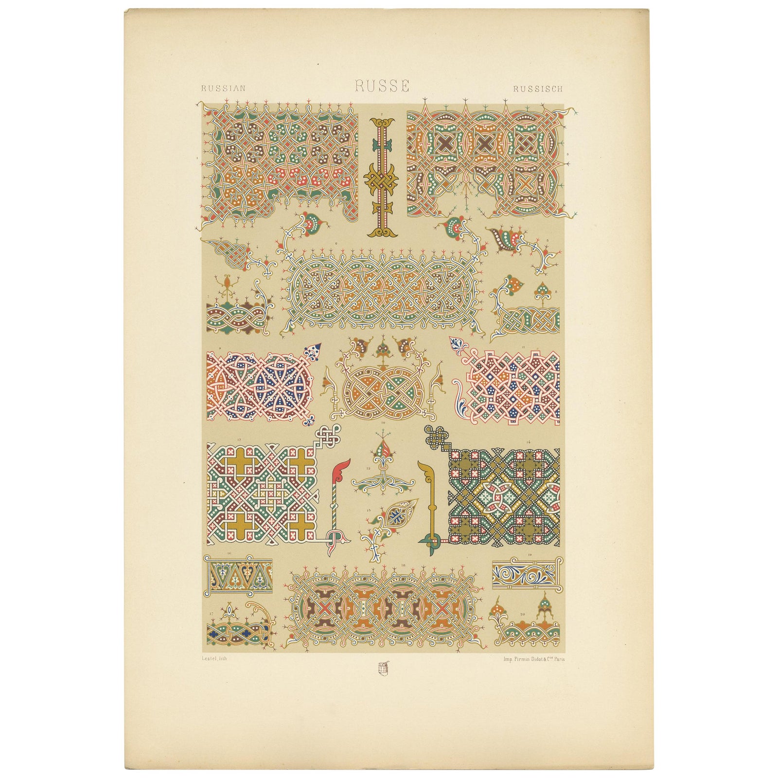 Pl. 64 Antique Print of Russian Interlace & Other Ornaments, Racinet, circa 1890