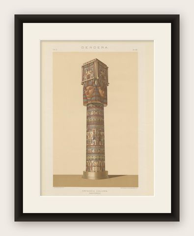 Antique Print of the Hathoric Column of the Portico of the Temple of Dendera, shown framed