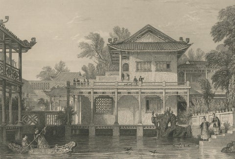Antique China Consequa House Canton Print, Thomas Allom Steel Engraving 1843, close-up 3