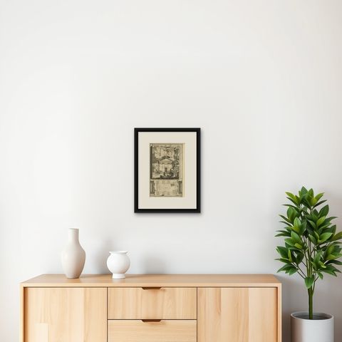 Antique Print of An Ancient Roman Tomb and a Floor Plan in Rome, Italy, 1704, shown framed on a wall, true to size