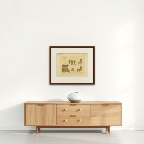 Pl. 62 Antique Print of Dining Room Furniture by Kramer, circa 1910, shown framed on a wall, true to size