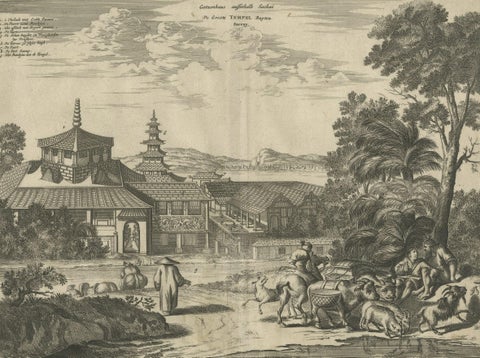 Antique Print of the Great Temple in Osaka, Japan, close-up 4