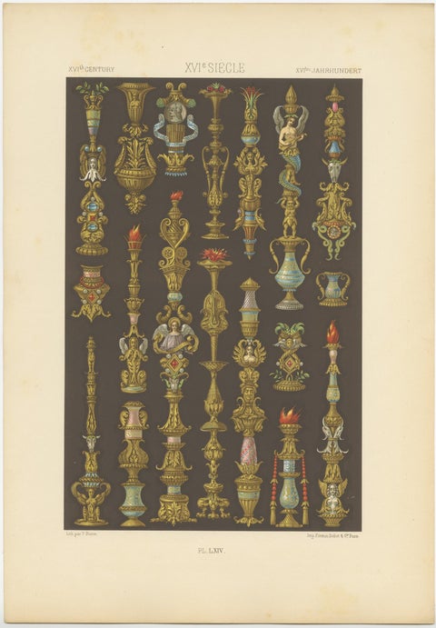 Pl. 64 Antique Print of XVIth Century Ornaments by Racinet (c.1890), view 3