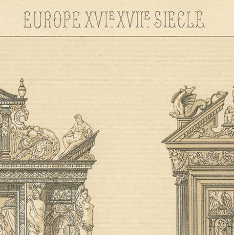 Pl. 74 Antique Print of European XVIth-XVIIth Furniture by Racinet 'circa 1880', close-up 1