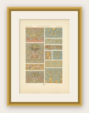 Pl. 95 Antique Print of Renaissance Ornament from Flemish, Racinet 'circa 1890', shown framed