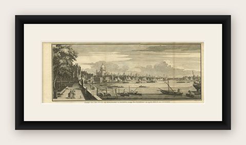 Antique Print of the Somerset House Overlooking the Thames River, London., shown framed