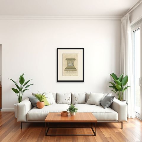 Rare Antique Engraving of a Large Ornamental Bacchic Altar or Pedestal, 1740, shown framed in a room, true to size
