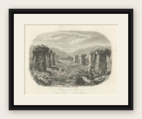 Small Antique Print of Ruins of Ancient Columns on Tinian Island, shown framed