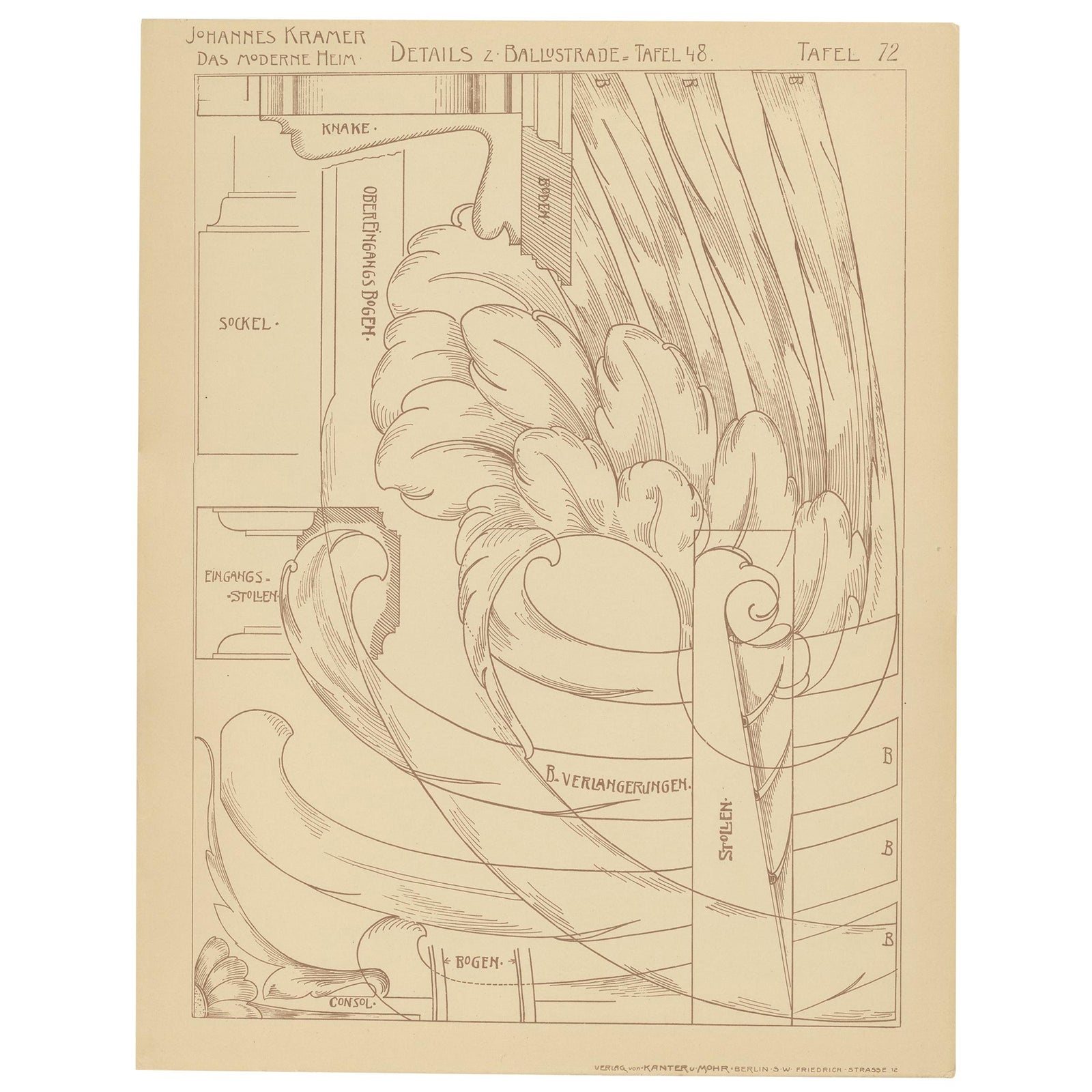 Pl 72 Antique Print of Furniture Details by Kramer, 'circa 1910'