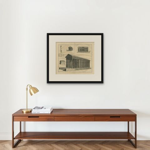 Monumental Roman Temple Architecture Engraving, Montfaucon 1721, shown framed on a wall, true to size