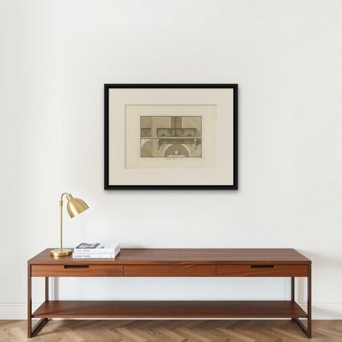 Antique Print of the Architecture of a Balcony by Spiegl, circa 1730, shown framed on a wall, true to size