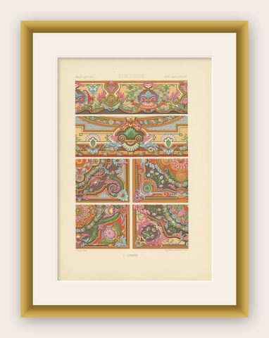Pl. 88 Antique Print of XVIIIth Century Ornaments by Racinet, circa 1890, shown framed