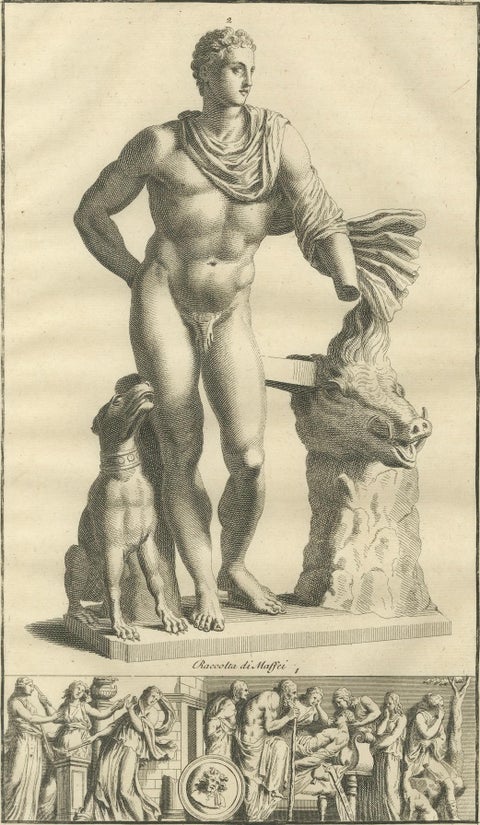 Meleager and the Calydonian Boar Antique Engraving, Montfaucon 1721, close-up 2