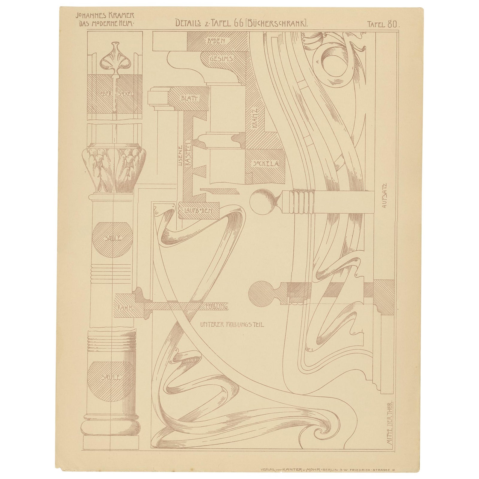 Pl. 80 Antique Print of Furniture Details by Kramer, circa 1910