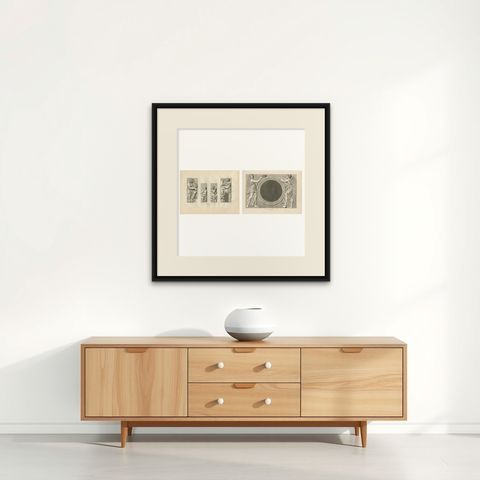 Antique Louvre Architectural Relief Engravings, French Neoclassical Plates 1803, shown framed on a wall, true to size