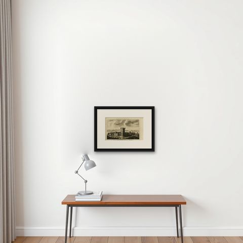 Original Antique Engraved View of Porchester Castle in Hampshire, ca.1780, shown framed on a wall, true to size