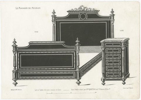 Set of 2 Antique Furniture Prints of a Bed and Nightstand by Quetin, circa 1860, view 3