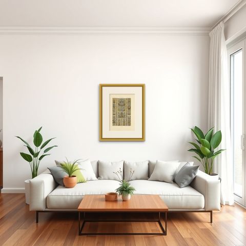 Pl. 79 Antique Print of XVIIth Century Ornaments by Racinet, circa 1890, shown framed in a room, true to size