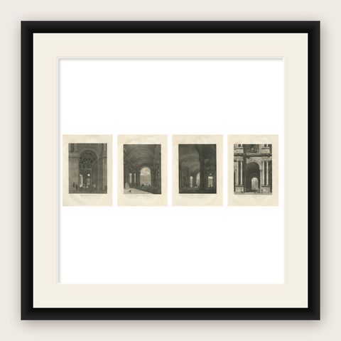 Antique French Architectural Engravings, Louvre Interior Arches Set of four 1803, shown framed