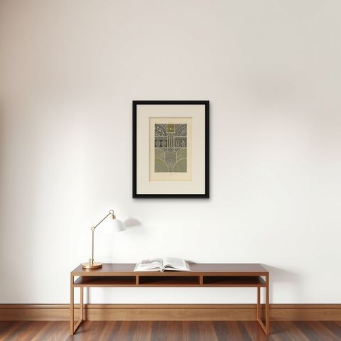 Pl. 16 Antique Print of Indian Ornaments by Racinet, circa 1890, shown framed on a wall, true to size
