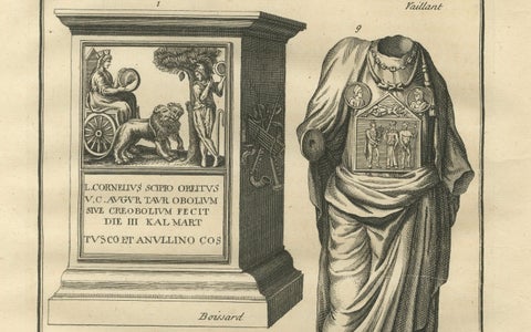 Roman Funerary Monument and Relief Sculpture, Montfaucon Engraving, 1721, close-up 2