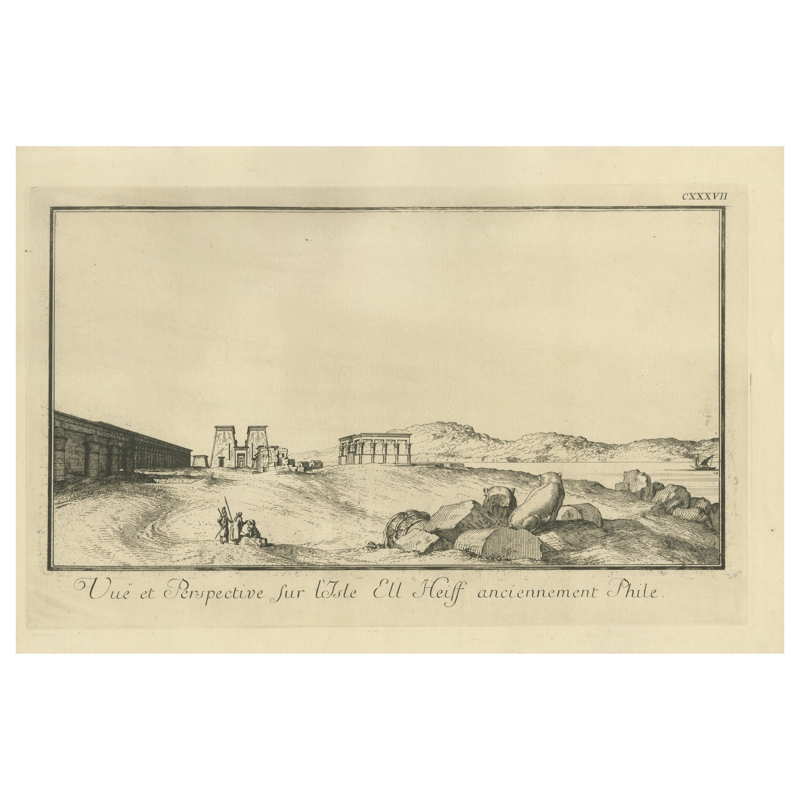 Temple of Philae on the Nile, Antique Egypt Ruins Engraving by Norden, c.1755