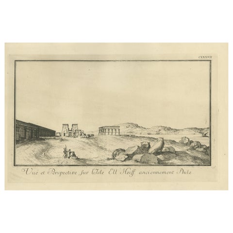 Temple of Philae on the Nile, Antique Egypt Ruins Engraving by Norden, c.1755