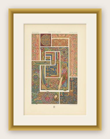 Pl. 51 Antique Print of Middle Ages Manuscripts Decoration by Racinet, shown framed