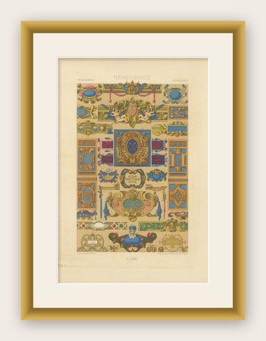 Renaissance Decorative Cartouches & Motifs, Antique Lithograph, ca.1869, shown framed